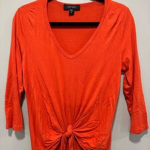 Karen Kane Vibrant Orange V-Neck 3/4 Sleeve Asymmetric Twist Hem Top